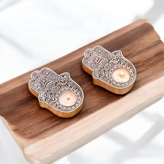 Wooden Hamsa Hand Tealight Candle Holders set of 2
