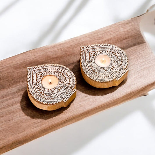 Wooden Handblock Tealight Candle Holder (Set of 2)