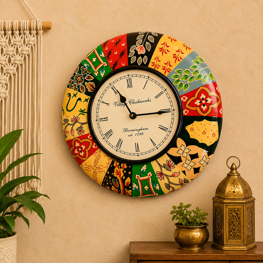 Handcrafted Multicolor Patchwork Wall Clock – Vintage Ethnic Home Décor