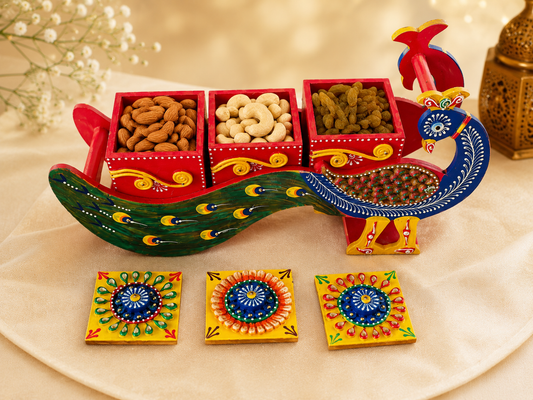 Wooden Handpainted Peacock Dry Fruit Box