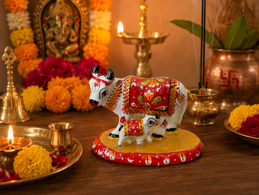 Handcrafted Metal Kamdhenu Cow & Calf Statue (2 Inch)