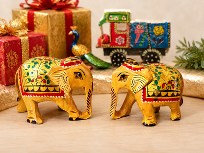 Wooden Handpainted Elephant Pair Showpiece – 2 Inch