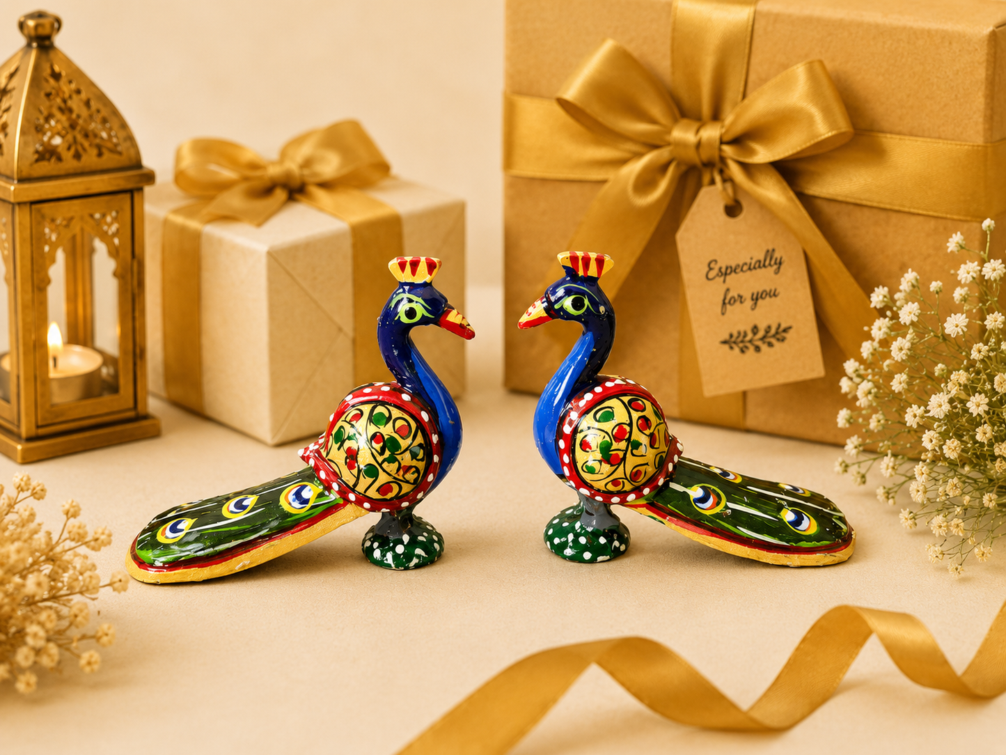 Wooden Handpainted Peacock Pair Showpiece – 2 Inch