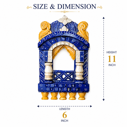 Handcrafted Wooden Jharokha Wall Hanging – Blue & Yellow