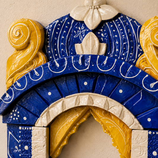 Handcrafted Wooden Jharokha Wall Hanging – Blue & Yellow