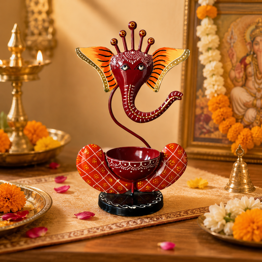 Handcrafted Ganesh Diya Holder – Traditional Metal Tea Light Candle Stand