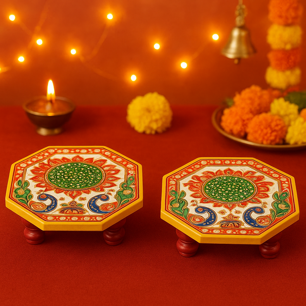 Handcrafted Marble Chowki Set of 2 – Traditional Meenakari Design
