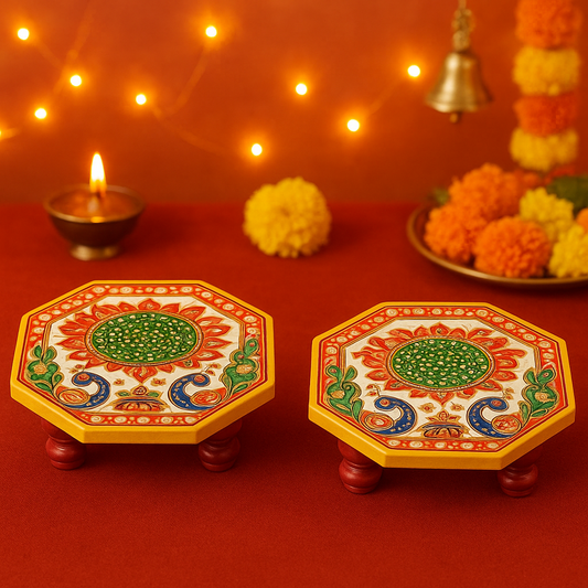 Handcrafted Marble Chowki Set of 2 – Traditional Meenakari Design