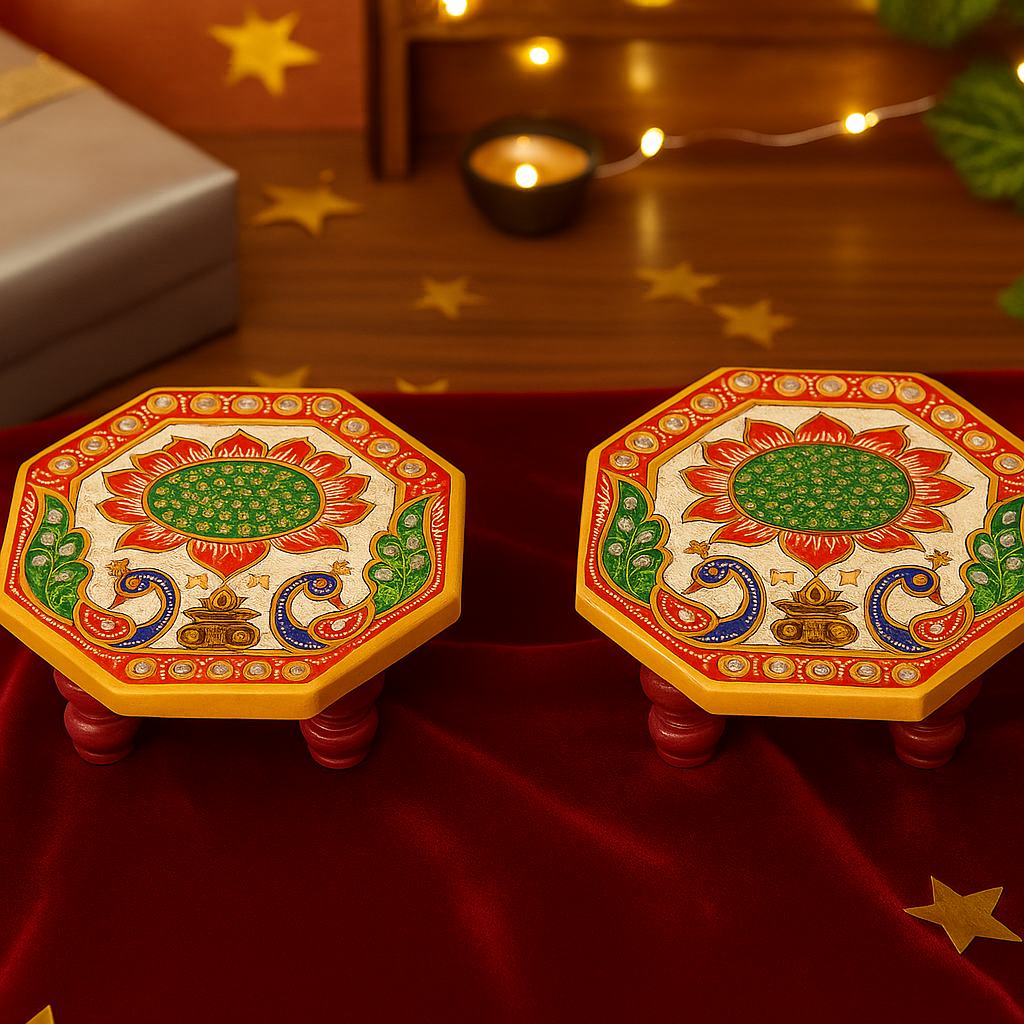 Handcrafted Marble Chowki Set of 2 – Traditional Meenakari Design