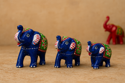 Set of 3 Blue Handcrafted Fiber Elephant Figurines | Decorative Rajasthani Showpiece for Home & Office Décor"