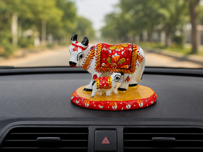 Handcrafted Metal Kamdhenu Cow & Calf Statue (2 Inch)