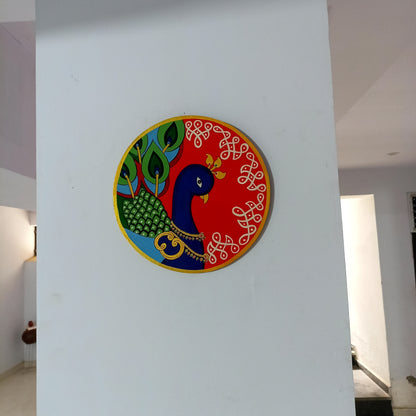 Hand-Painted Wooden Wall Plate – Royal Peacock on Red Background (10 Inch)