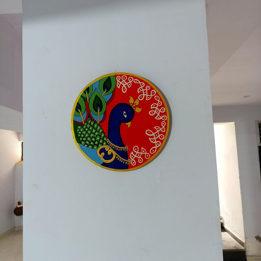 Hand-Painted Wooden Wall Plate – Royal Peacock on Red Background (10 Inch)