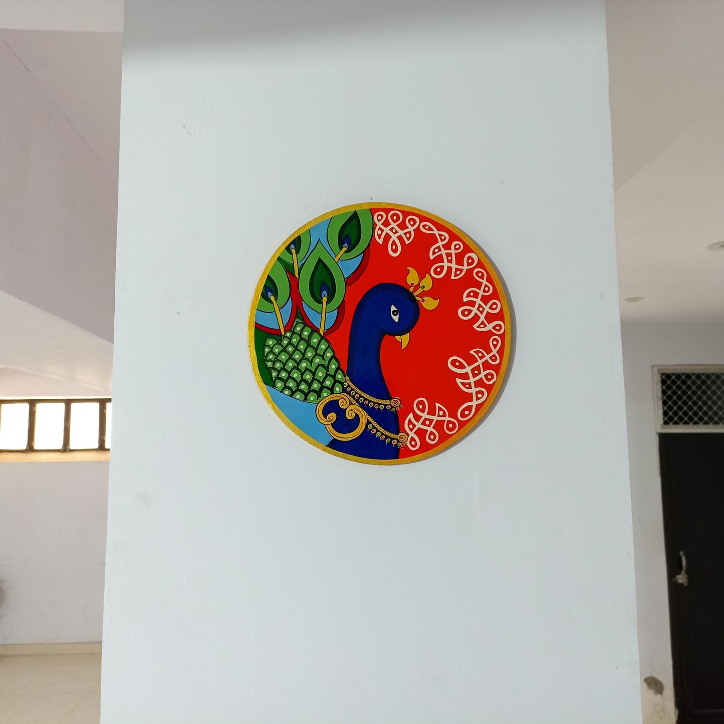 Hand-Painted Wooden Wall Plate – Royal Peacock on Red Background (10 Inch)