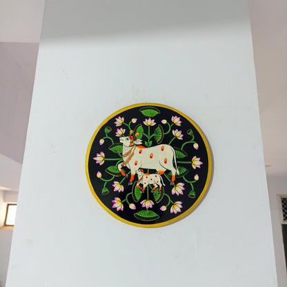 Hand-Painted Wooden Wall Plate – Kamdhenu Cow & Calf Design (10 Inch)