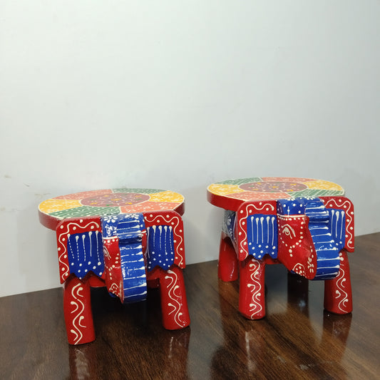 Wooden Hand-Painted Elephant Stool (Set of 2) 4-Inch