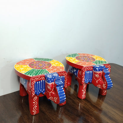 Wooden Hand-Painted Elephant Stool (Set of 2) 4-Inch