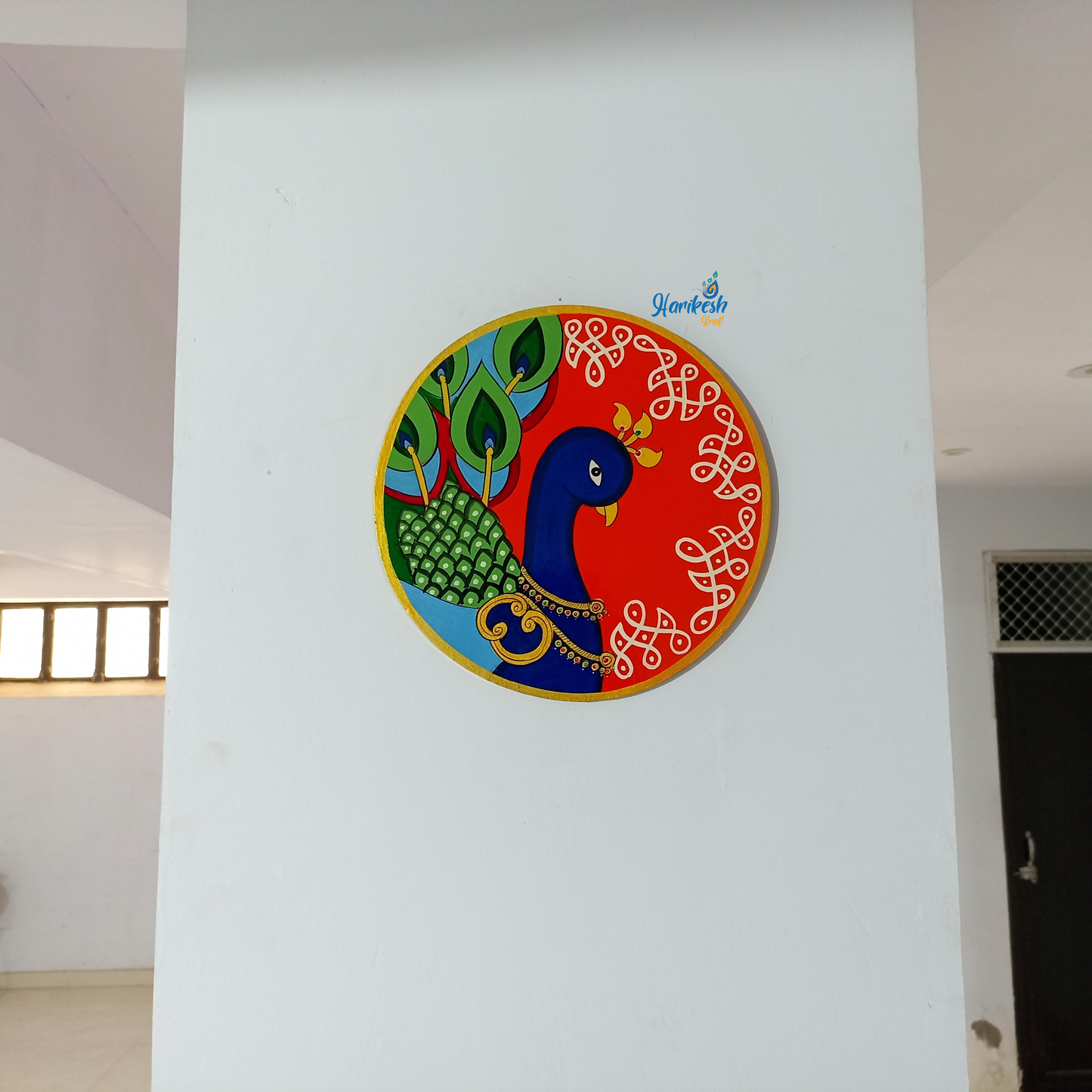 Hand-Painted Wooden Wall Plate – Royal Peacock on Red Background (10 Inch)