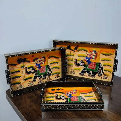 Hand-Painted Rajasthani Wooden Tray Set – Elephant Procession Design (Set of 3)