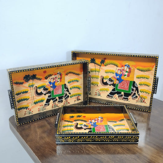 Hand-Painted Rajasthani Wooden Tray Set – Elephant Procession Design (Set of 3)