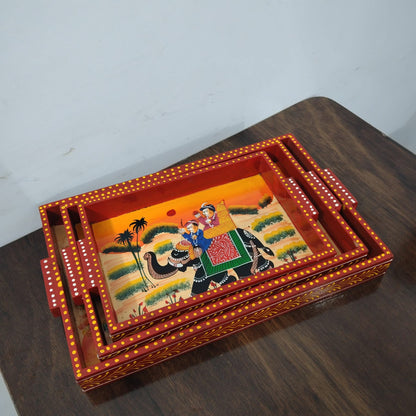 Hand-Painted Rajasthani Wooden Tray Set – Elephant Procession Design (Set of 3)
