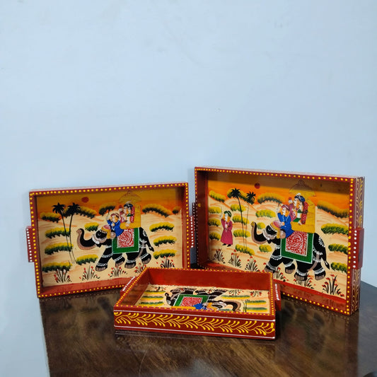 Hand-Painted Rajasthani Wooden Tray Set – Elephant Procession Design (Set of 3)