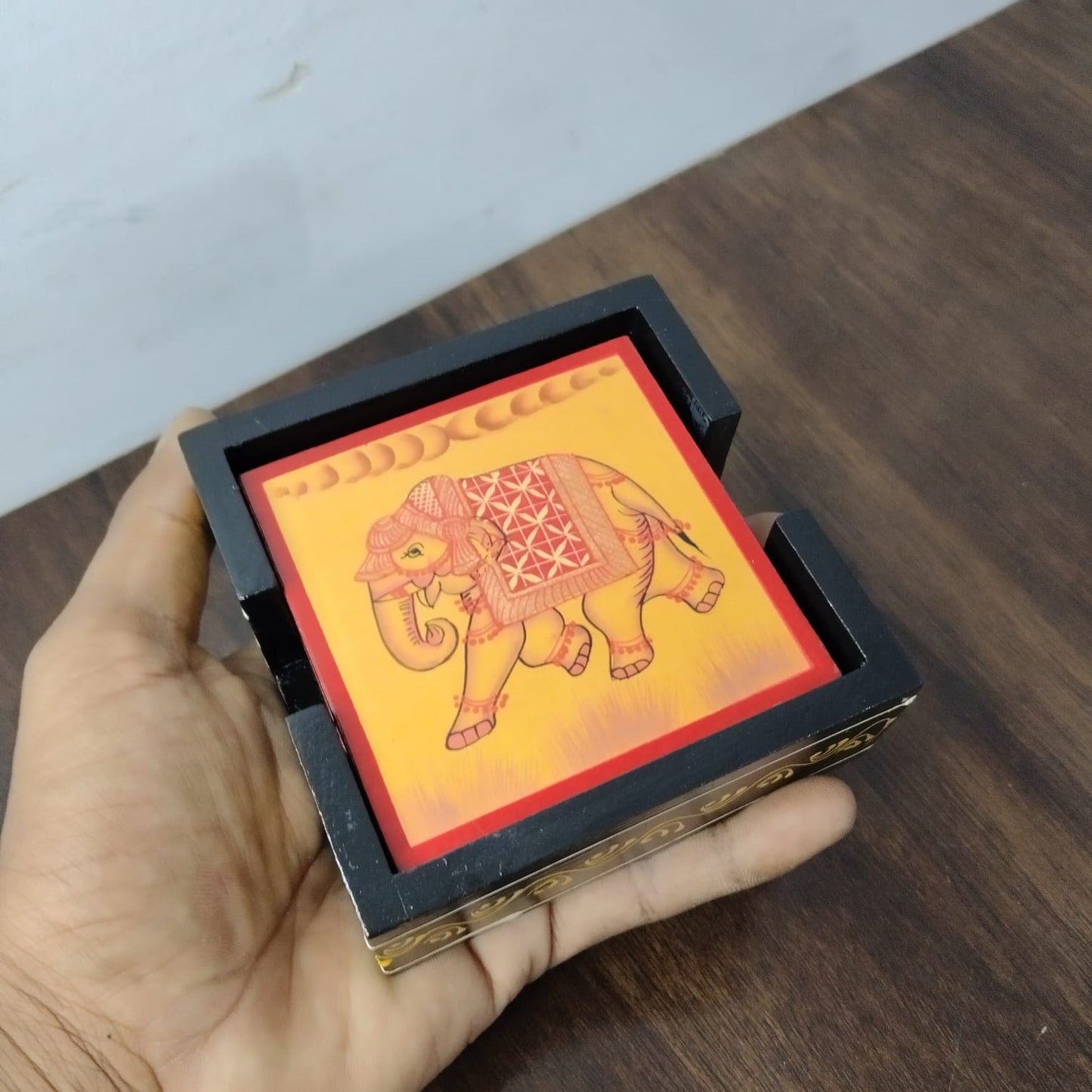 Handcrafted Wooden Coaster Set – Traditional Rajasthani Elephant Art (Set of 6 with Holder)