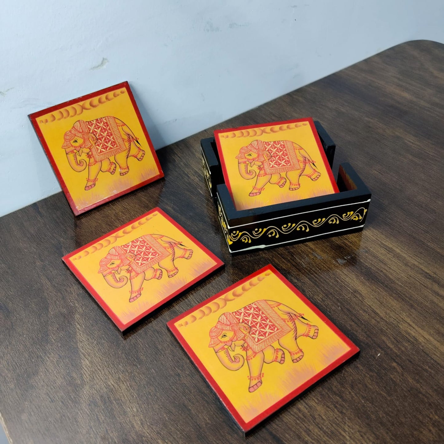Handcrafted Wooden Coaster Set – Traditional Rajasthani Elephant Art (Set of 6 with Holder)