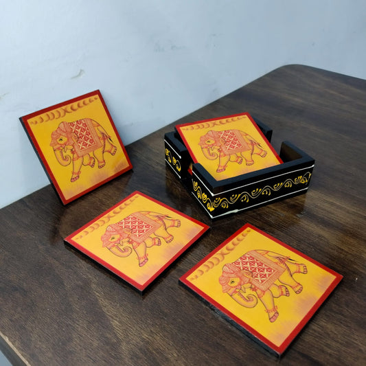 Handcrafted Wooden Coaster Set – Traditional Rajasthani Elephant Art (Set of 6 with Holder)