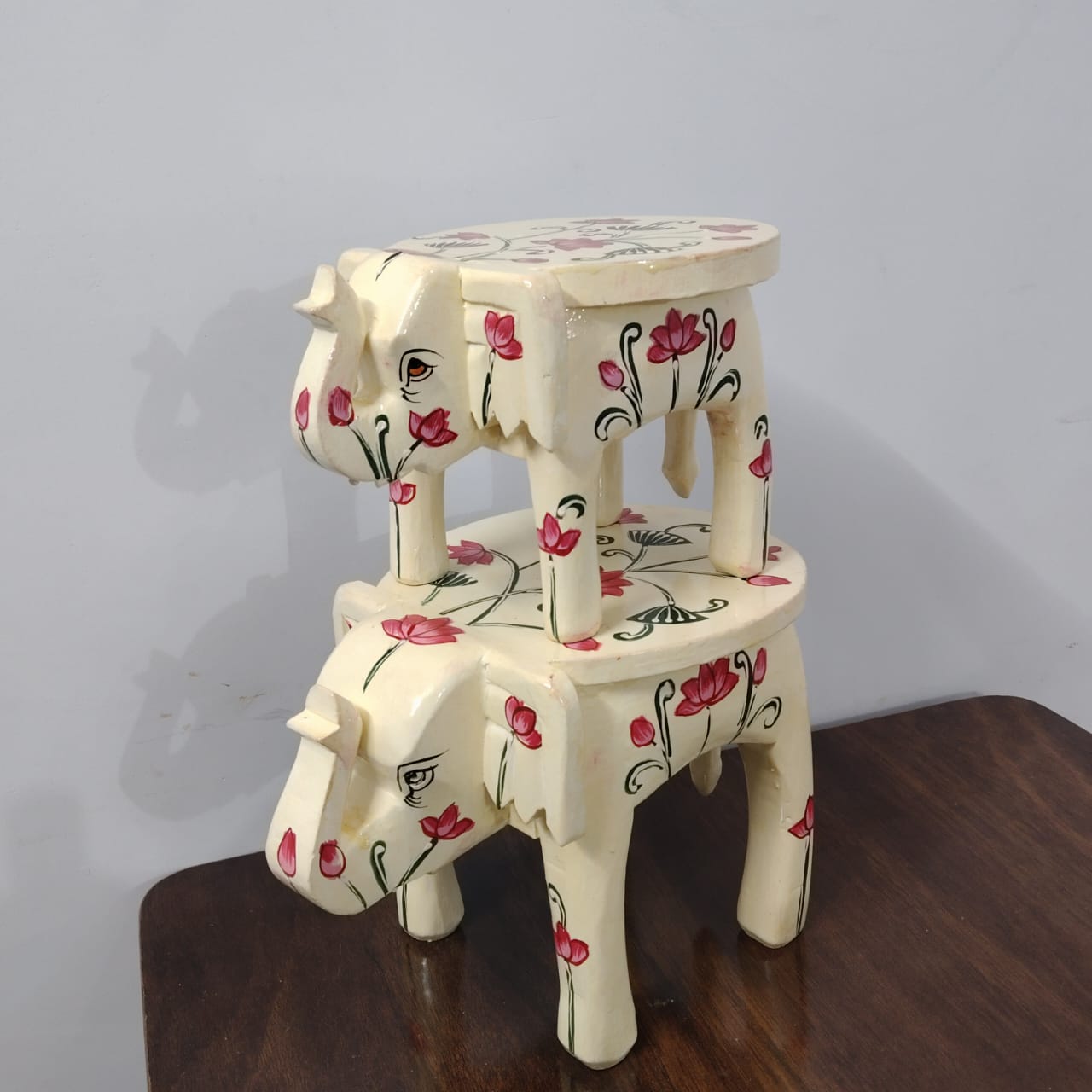 Handcrafted Wooden Elephant Stool  Set of 2  ( 6 & 8 Inch)