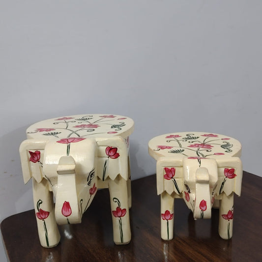 Handcrafted Wooden Elephant Stool  Set of 2  ( 6 & 8 Inch)