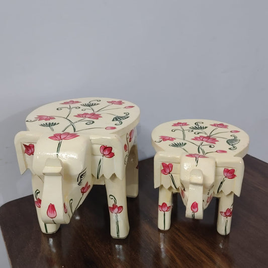 Handcrafted Wooden Elephant Stool  Set of 2  ( 6 & 8 Inch)