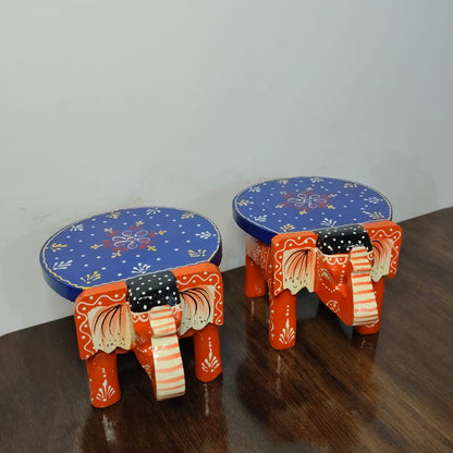 Hand-Painted Wooden Elephant Stool (Set of 2)
