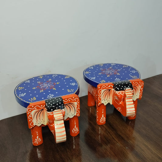 Hand-Painted Wooden Elephant Stool (Set of 2)