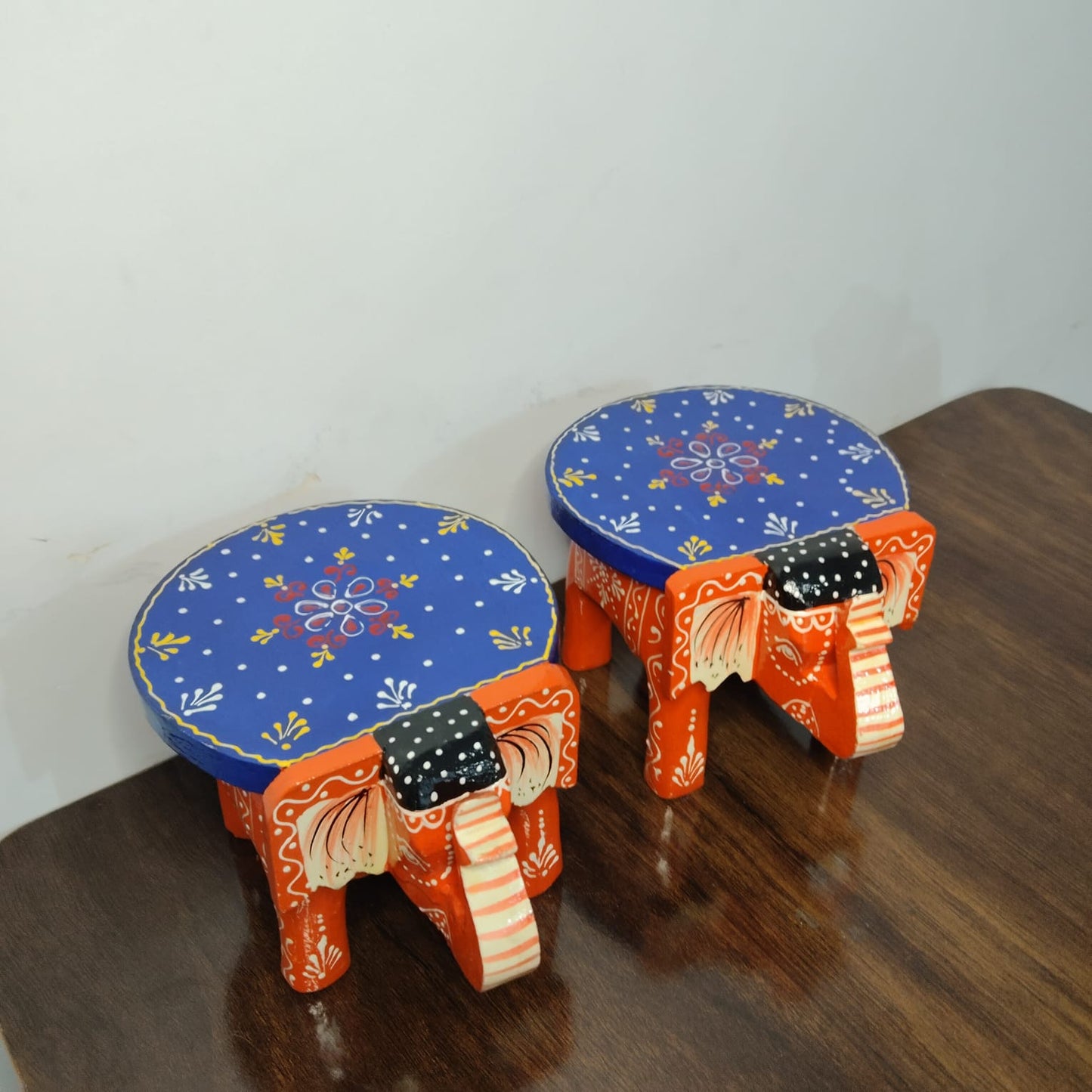 Hand-Painted Wooden Elephant Stool (Set of 2)