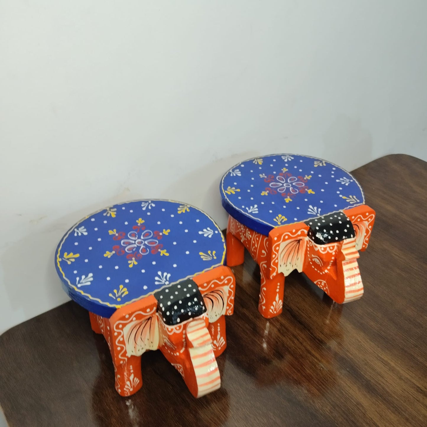 Hand-Painted Wooden Elephant Stool (Set of 2)