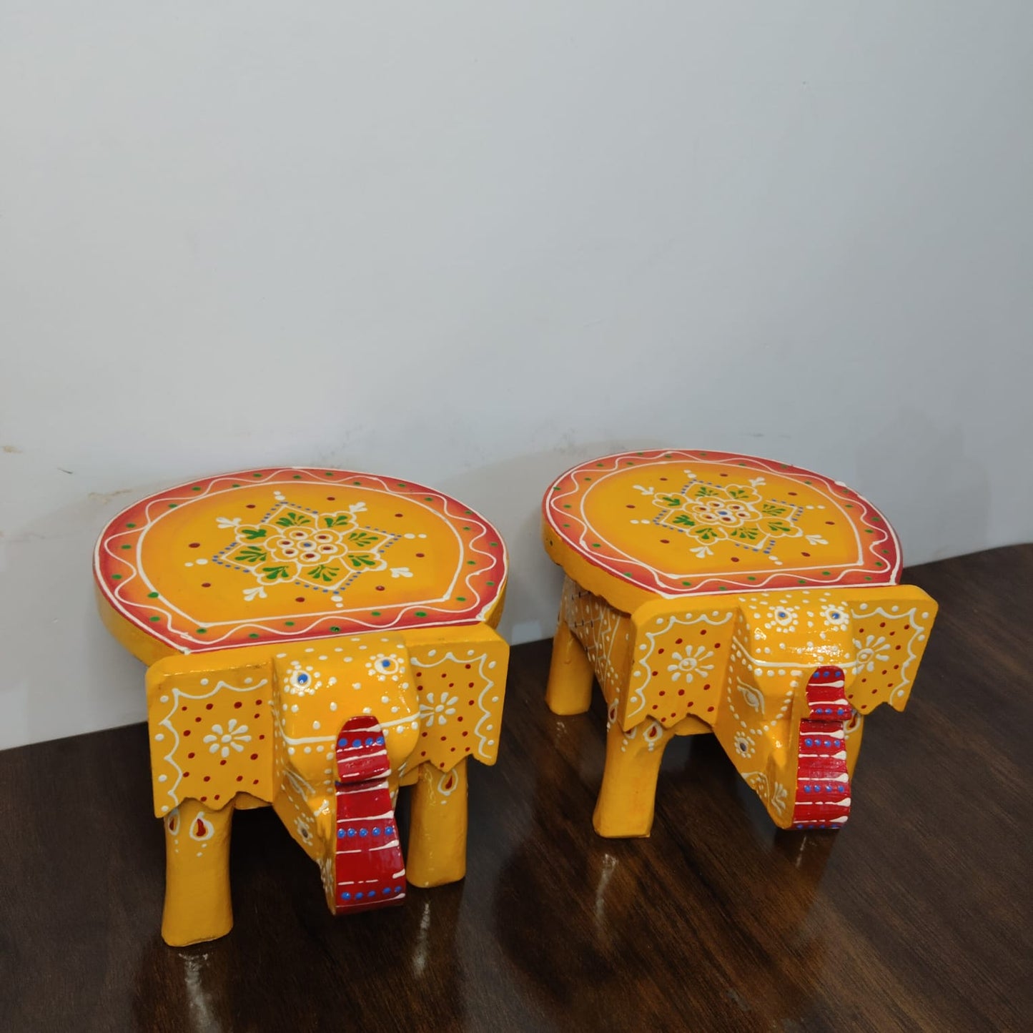 Hand-Painted Wooden Elephant Stool – Yellow (Set of 2)
