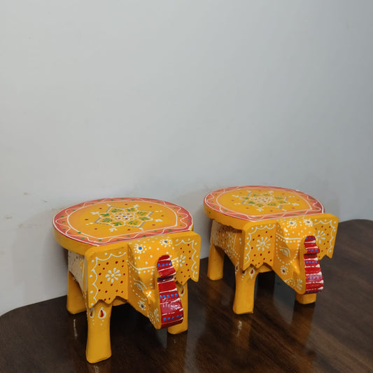 Hand-Painted Wooden Elephant Stool – Yellow (Set of 2)