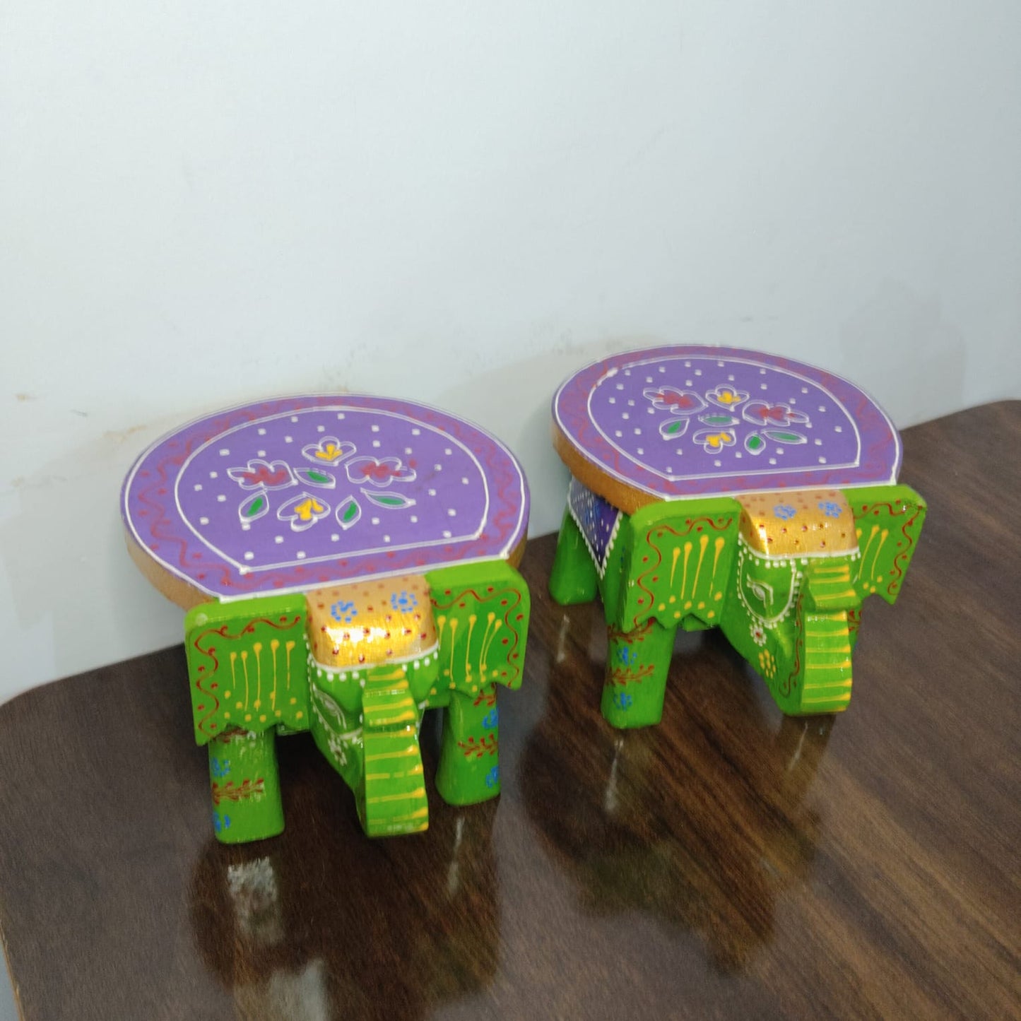 Hand-Painted Wooden Elephant Stool – Green & Purple (Set of 2)