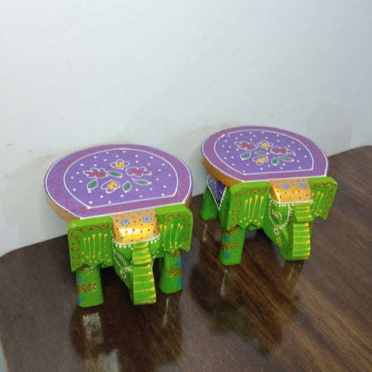 Hand-Painted Wooden Elephant Stool – Green & Purple (Set of 2)