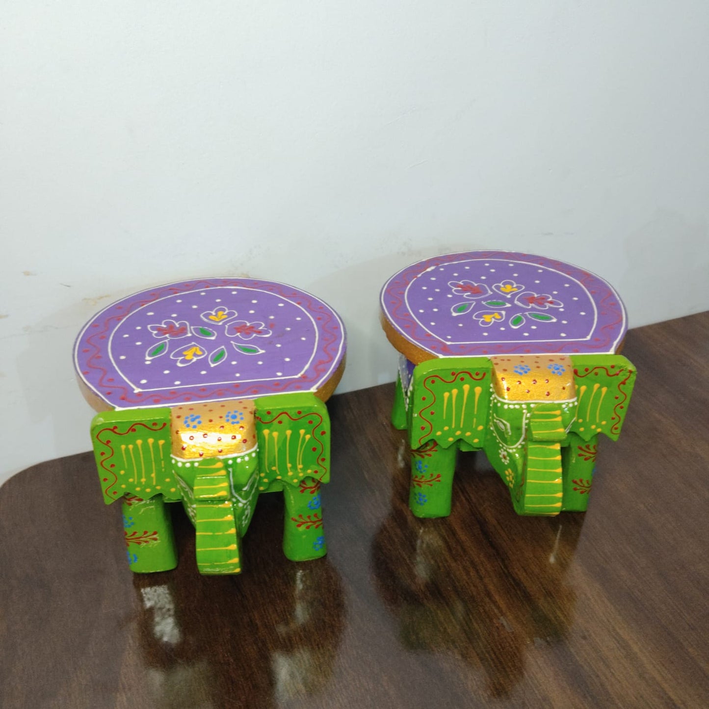 Hand-Painted Wooden Elephant Stool – Green & Purple (Set of 2)