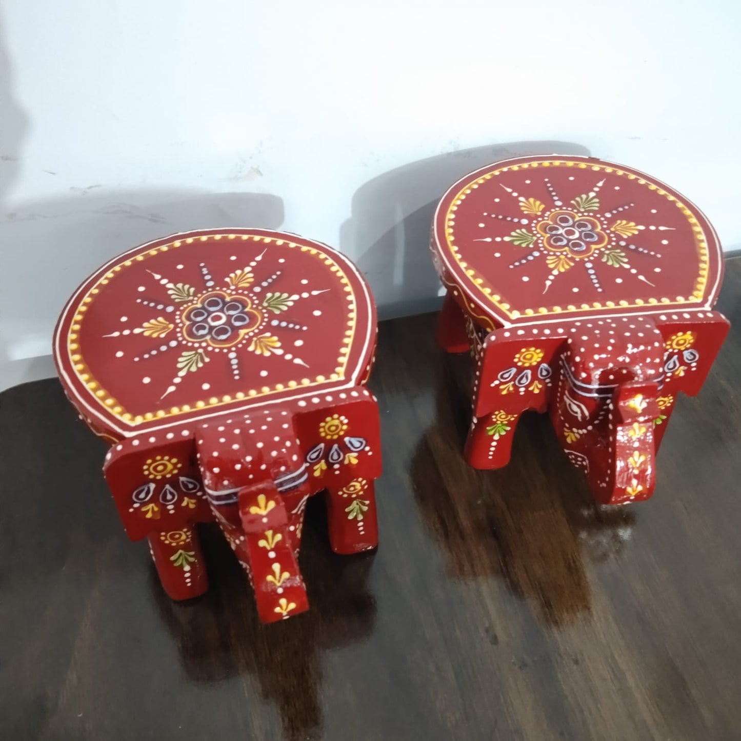 Hand-Painted Wooden Elephant Stool – Red Floral Design (Set of 2)