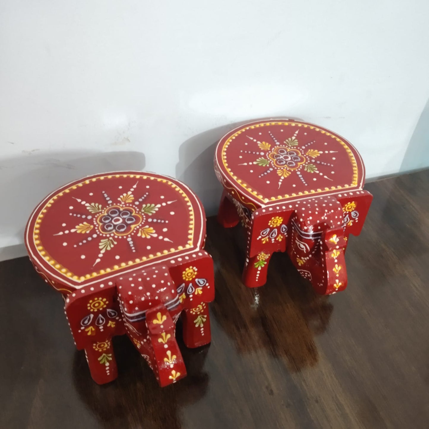 Hand-Painted Wooden Elephant Stool – Red Floral Design (Set of 2)