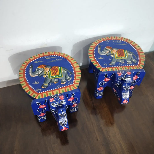 Hand-Painted Wooden Elephant Stool – Royal Blue Elephant Design (Set of 2)