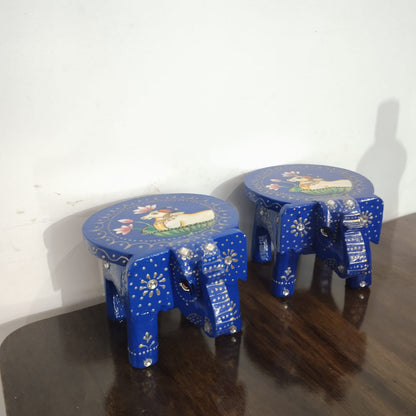 Hand-Painted Wooden Elephant Stool – Blue Nandi Cow Design (Set of 2)