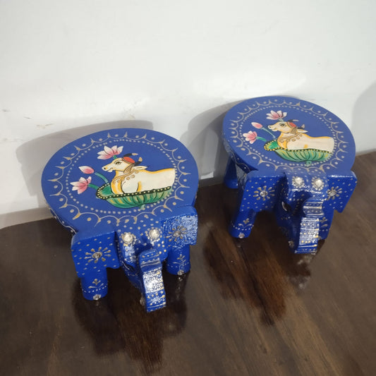 Hand-Painted Wooden Elephant Stool – Blue Nandi Cow Design (Set of 2)