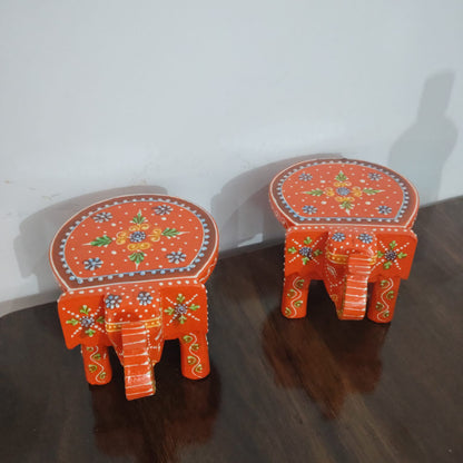 Hand-Painted Wooden Elephant Stool – Orange (Set of 2)