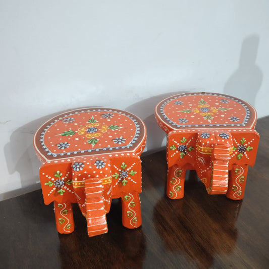 Hand-Painted Wooden Elephant Stool – Orange (Set of 2)