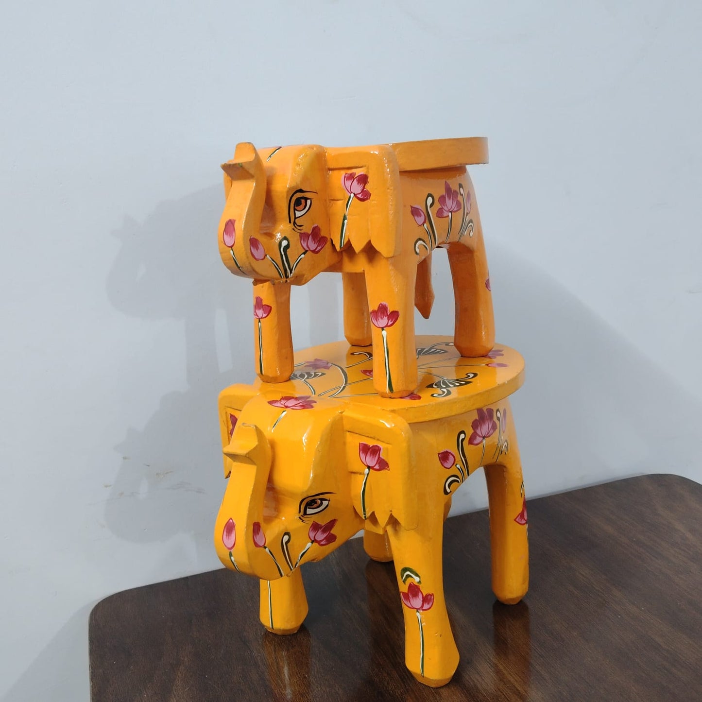 Hand-Painted Wooden Elephant Stool – Yellow Floral Design Set of 2