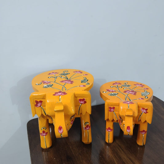 Hand-Painted Wooden Elephant Stool – Yellow Floral Design Set of 2